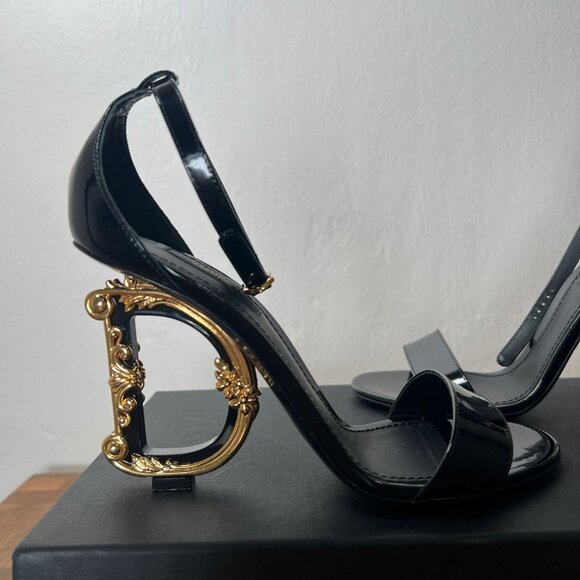 Dolce&Gabbana Black Gold Sculpted-Heel Baroque DG Patent Leather Sandals - Picture 6 of 14